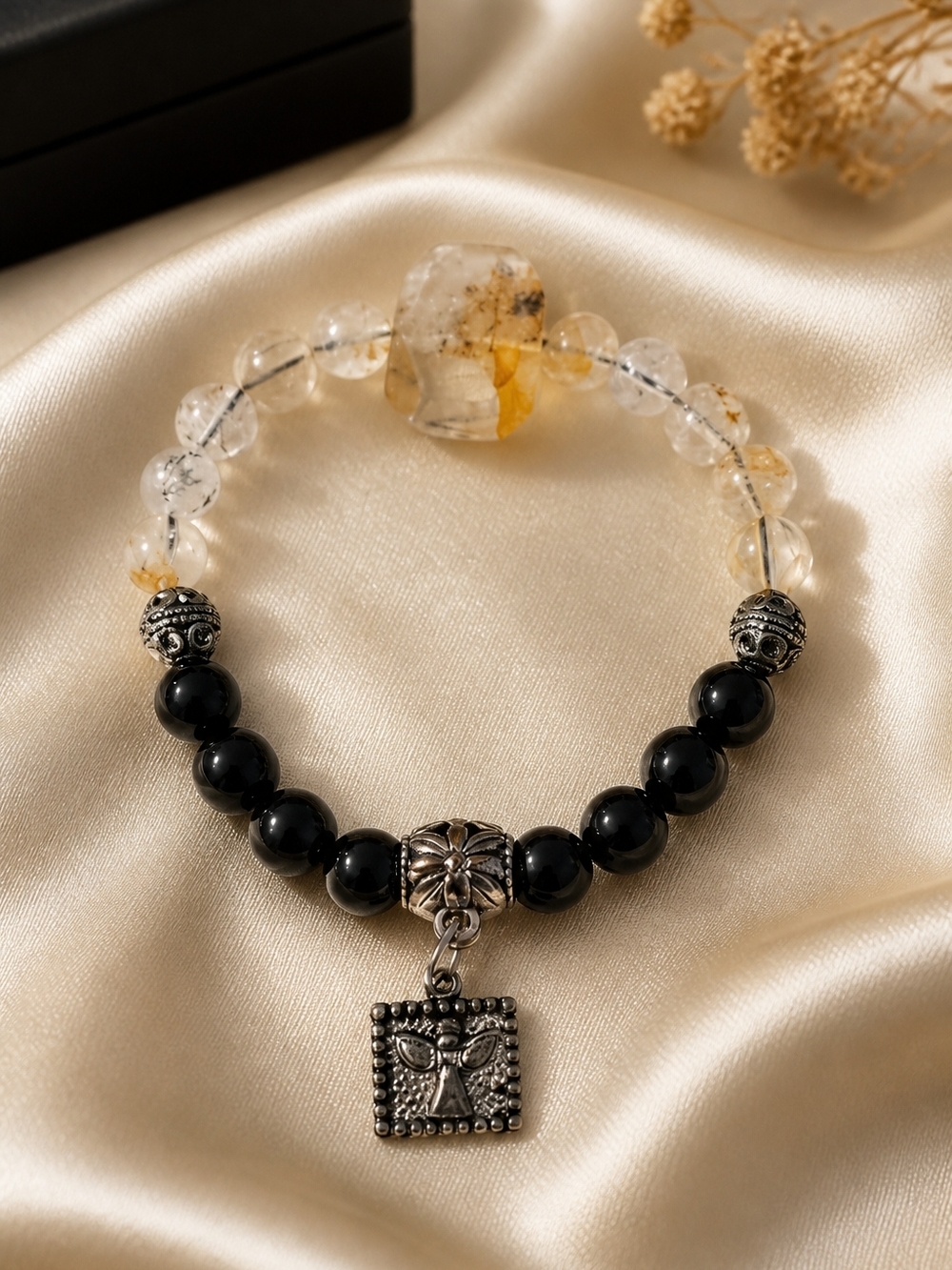 Golden Rutile Quartz Focal Piece With Dendritic Quartz And Black Obsidian